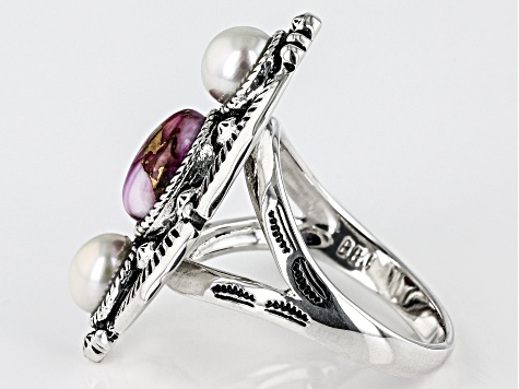 Purple Spiny Oyster Shell And Cultured Freshwater Pearl Sterling Silver Ring