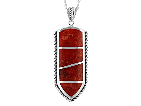 Red Sponge Coral Inlay Sterling Silver Pendant With Chain