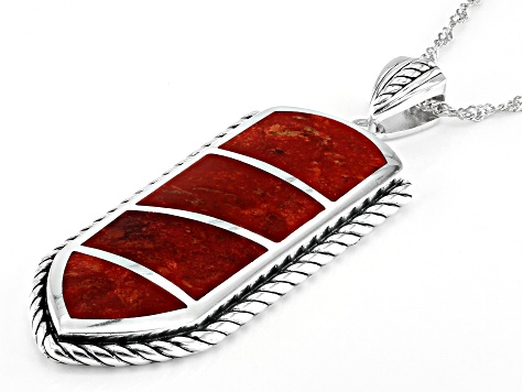 Red Sponge Coral Inlay Sterling Silver Pendant With Chain