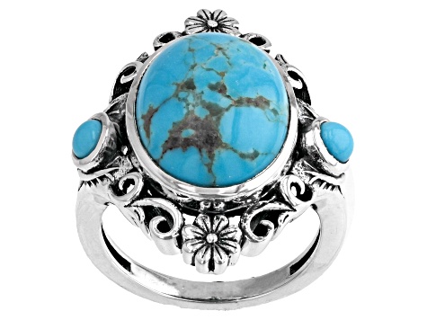 Oval Kingman Turquoise and Round Blue Sleeping Beauty Turquoise Sterling Silver Ring