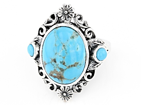 Oval Kingman Turquoise and Round Blue Sleeping Beauty Turquoise Sterling Silver Ring