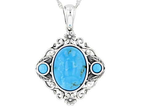 Oval Kingman Turquoise and Round Blue Sleeping Beauty Turquoise Sterling Silver Pendant With Chain