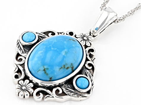 Oval Kingman Turquoise and Round Blue Sleeping Beauty Turquoise Sterling Silver Pendant With Chain