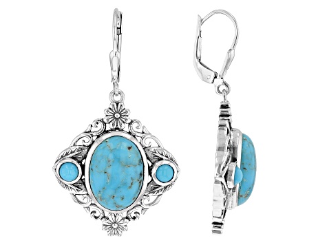 Oval Kingman Turquoise and Round Blue Sleeping Beauty Turquoise Sterling Silver Earrings