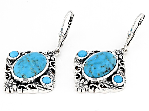 Oval Kingman Turquoise and Round Blue Sleeping Beauty Turquoise Sterling Silver Earrings