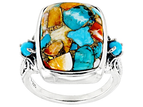 Blended Orange Spiny Oyster With Blue Turquoise and Sleeping Beauty Turquoise Silver Ring