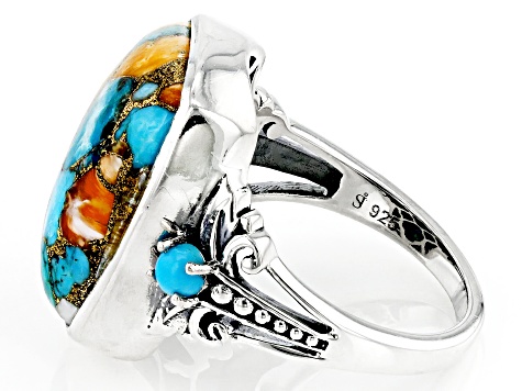 Blended Orange Spiny Oyster With Blue Turquoise and Sleeping Beauty Turquoise Silver Ring