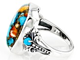 Blended Orange Spiny Oyster With Blue Turquoise and Sleeping Beauty Turquoise Silver Ring