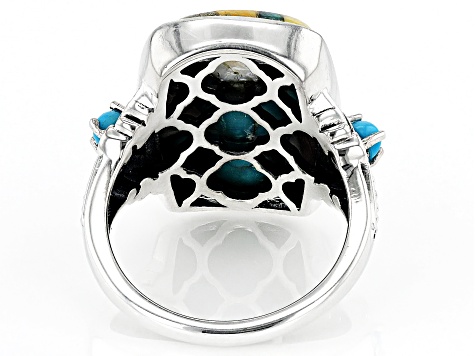 Blended Orange Spiny Oyster With Blue Turquoise and Sleeping Beauty Turquoise Silver Ring