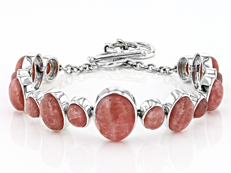 Pink Rhodochrosite Rhodium Over Sterling Silver Bracelet