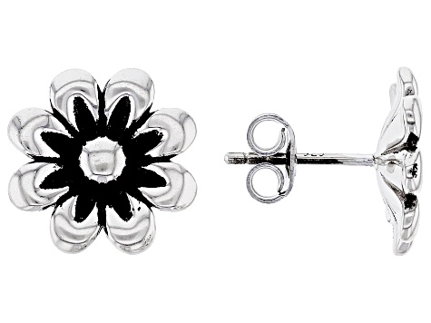 Rhodium Over Sterling Silver Flower Stud Earrings