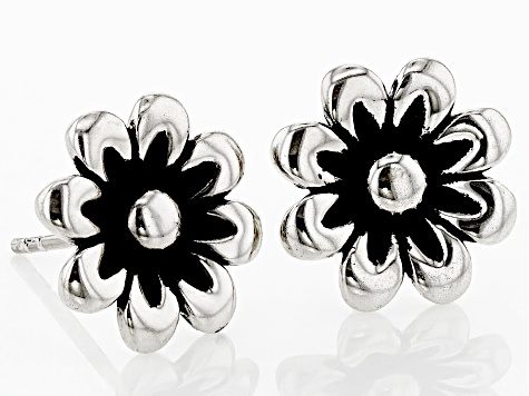 Rhodium Over Sterling Silver Flower Stud Earrings