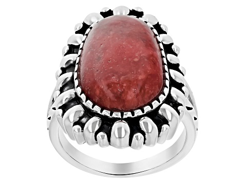 Red Sponge Coral Rhodium Over Sterling Silver Ring