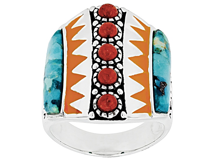 3mm Red Sponge Coral with Blue Turquoise and Orange Enamel Rhodium Over Silver Ring 7x4mm
