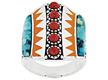 Picture of Red Sponge Coral with Blue Turquoise and Orange Enamel Rhodium Over Silver Ring