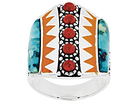 Red Sponge Coral with Blue Turquoise and Orange Enamel Rhodium Over Silver Ring