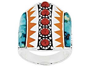 Red Sponge Coral with Blue Turquoise and Orange Enamel Rhodium Over Silver Ring