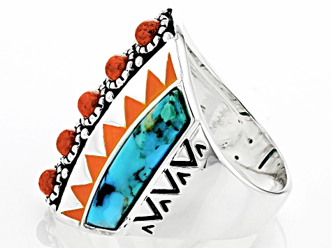 3mm Red Sponge Coral with Blue Turquoise and Orange Enamel Rhodium Over Silver Ring 7x4mm