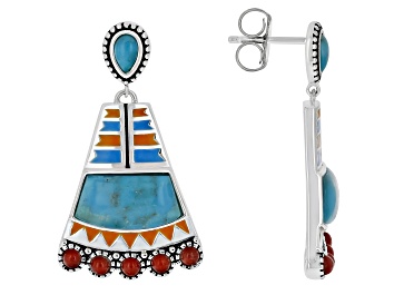 Picture of 2.5mm Red Sponge Coral with Blue Turquoise and Multi Color Enamel Rhodium Over Silver Earrings