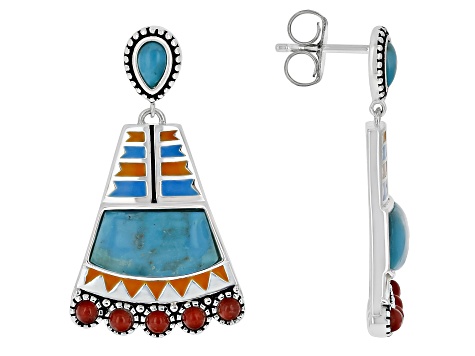 2.5mm Red Sponge Coral with Blue Turquoise and Multi Color Enamel Rhodium Over Silver Earrings