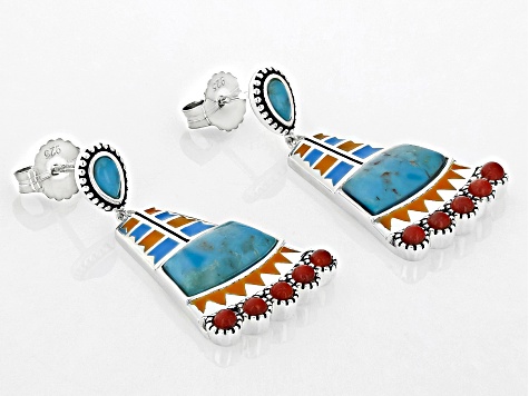 Red Sponge Coral with Blue Turquoise and Multi Color Enamel Rhodium Over Silver Earrings