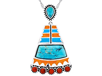 Picture of 3mm Red Sponge Coral with 6x4mm Turquoise and Enamel Rhodium Over Silver Pendant with 18" Chain