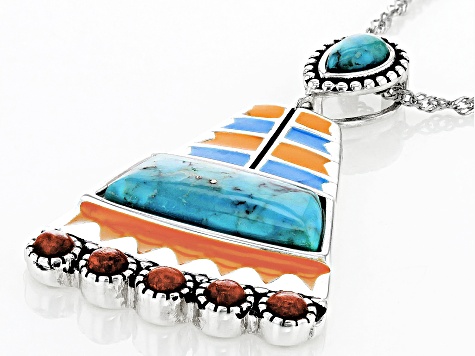 Red Sponge Coral with Turquoise and Enamel Rhodium Over Silver Pendant