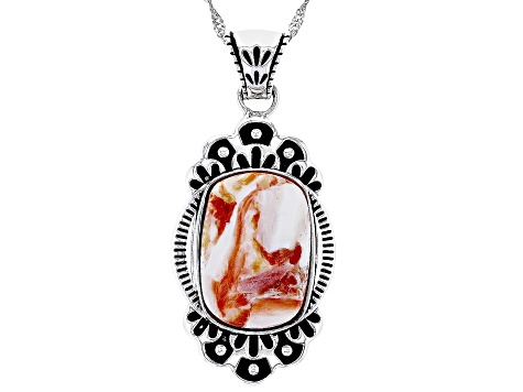 Orange Spiny Oyster Shell Rhodium Over Sterling Silver Pendant With Chain