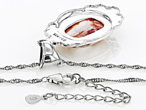 Orange Spiny Oyster Shell Rhodium Over Sterling Silver Pendant With Chain