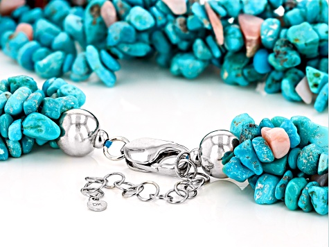 Pink Opal and Blue Sleeping Beauty Turquoise Rhodium Over Silver Necklace