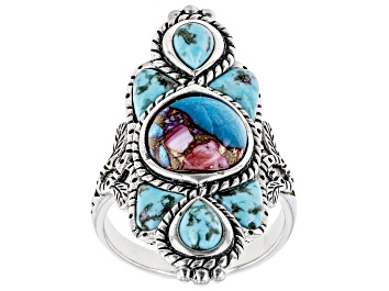 Picture of Blended Purple Spiny Oyster Shell With Turquoise Rhodium Over Sterling Silver Ring
