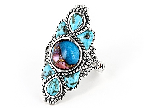 Blended Purple Spiny Oyster Shell With Turquoise Rhodium Over Sterling Silver Ring