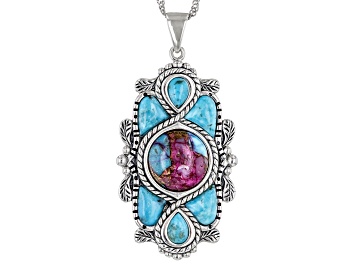 Picture of Blended Purple Spiny Oyster Shell With Turquoise Rhodium Over Silver Pendant