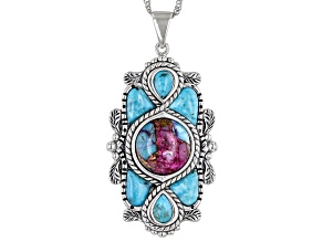Blended Purple Spiny Oyster Shell With Turquoise Rhodium Over Silver Pendant