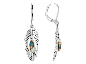 Blended Orange Spiny Oyster Shell and Blue Turquoise Rhodium Over Silver Feather Earrings