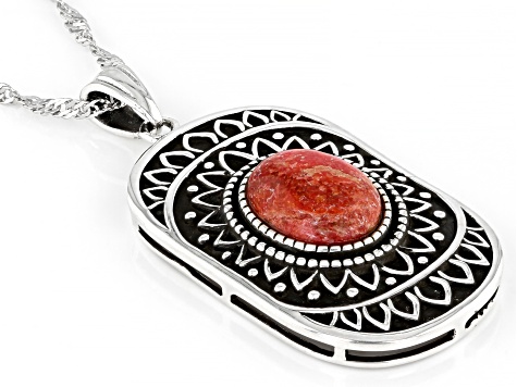 Red Sponge Coral Rhodium Over Sterling Silver Pendant With Chain