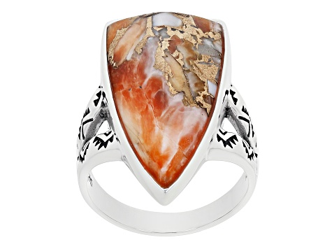 Orange Spiny Oyster Shell Rhodium Over Sterling Silver Arrowhead Ring ...