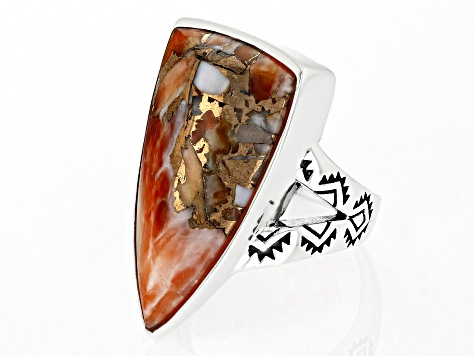 Orange Spiny Oyster Shell Rhodium Over Sterling Silver Arrowhead Ring