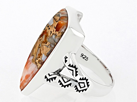 Orange Spiny Oyster Shell Rhodium Over Sterling Silver Arrowhead Ring