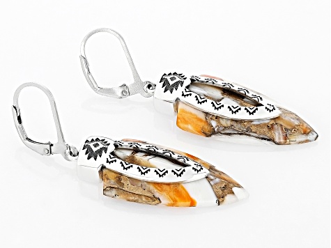 Orange Spiny Oyster Shell Rhodium Over Sterling Silver Arrowhead Earrings