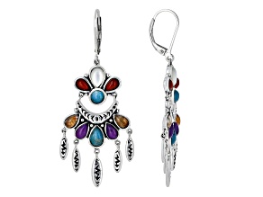 Multi-Color Turquoise, Mother of Pearl, Spiny Oyster Shell & Coral Rhodium Over Silver Earrings
