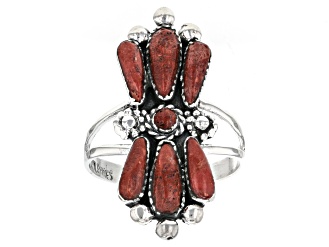 Red Bamboo Coral Sunburst Sterling Silver Ring