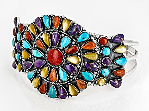 Multi-Color Turquoise, Mother-Of-Pearl & Red Bamboo Coral Sterling Silver Bracelet