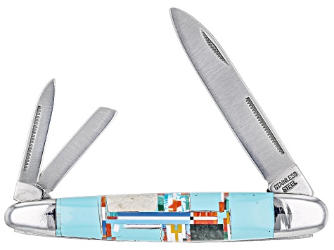 Turquoise Simulant & Multi-Gem Simulant Stainless Steel Pocket Knife