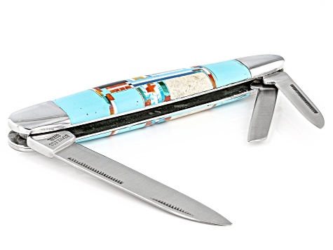 Turquoise Simulant & Multi-Gem Simulant Stainless Steel Pocket Knife