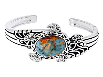 Picture of Blended Spiny Oyster Shell and Turquoise Rhodium Over Sterling Silver Turtle Cuff