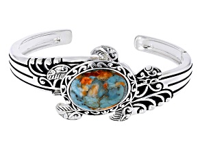 Blended Spiny Oyster Shell and Turquoise Rhodium Over Sterling Silver Turtle Cuff