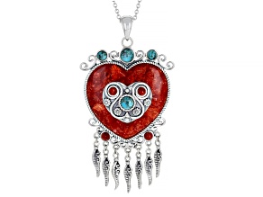 Red Sponge Coral And Turquoise Sterling Silver Heart Shape Enhancer With Chain