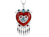 Red Sponge Coral And Turquoise Sterling Silver Heart Shape Enhancer With Chain