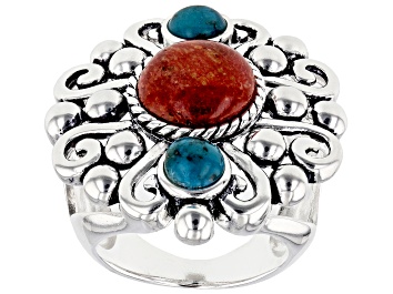 Picture of 10mm Round Red Sponge Coral And 5mm Turquoise Rhodium Over Brass Ring